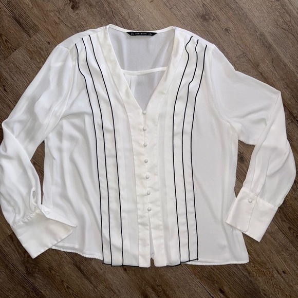 Zara • Long Sleeve Sheer Striped V-Neck Blouse - Picture 3 of 11